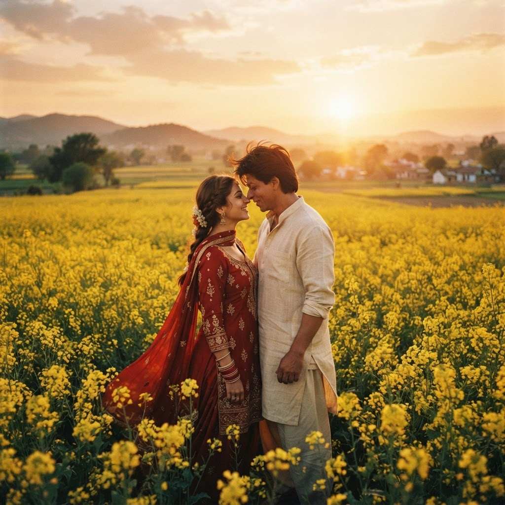 Couple in traditional attire in a golden mustard field at sunset