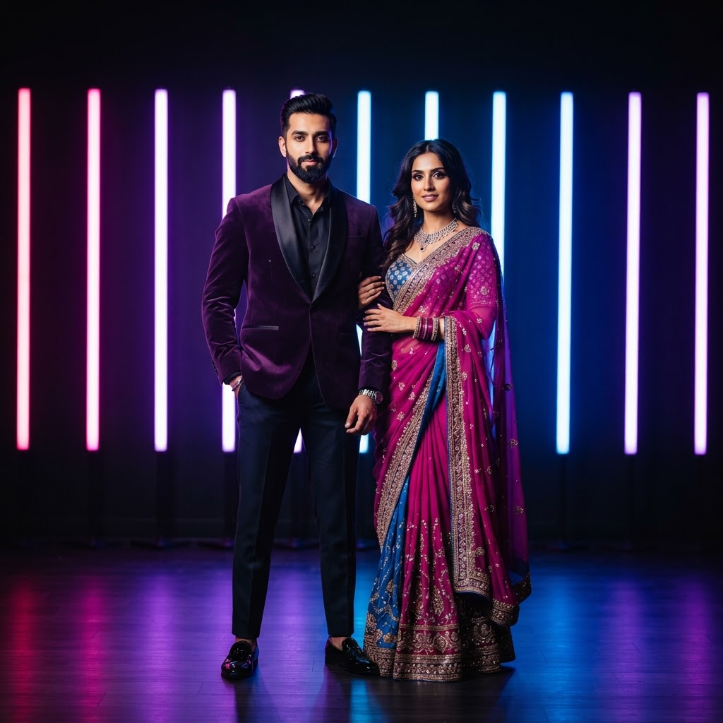 Stylish couple posing in front of vertical magenta and violet light bars