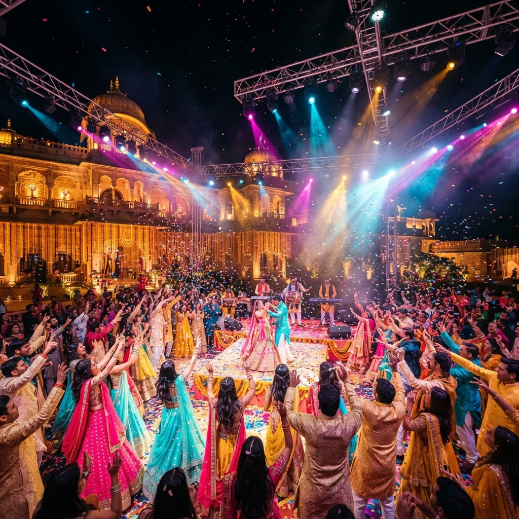 Crowd of dancers in bright lehengas celebrating under colorful stage lights