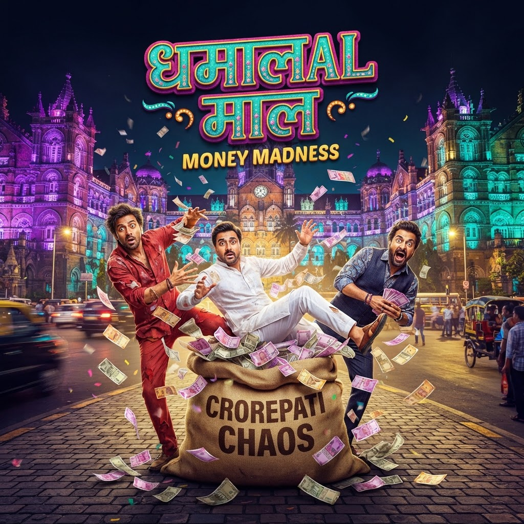 Three men scrambling over a sack of cash in a chaotic Bollywood comedy banner